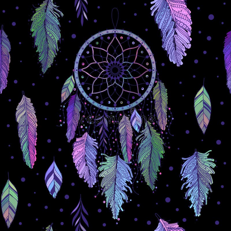 Картина Dreamcatcher безшовная с красочным вектором пер иллюстрация вектора